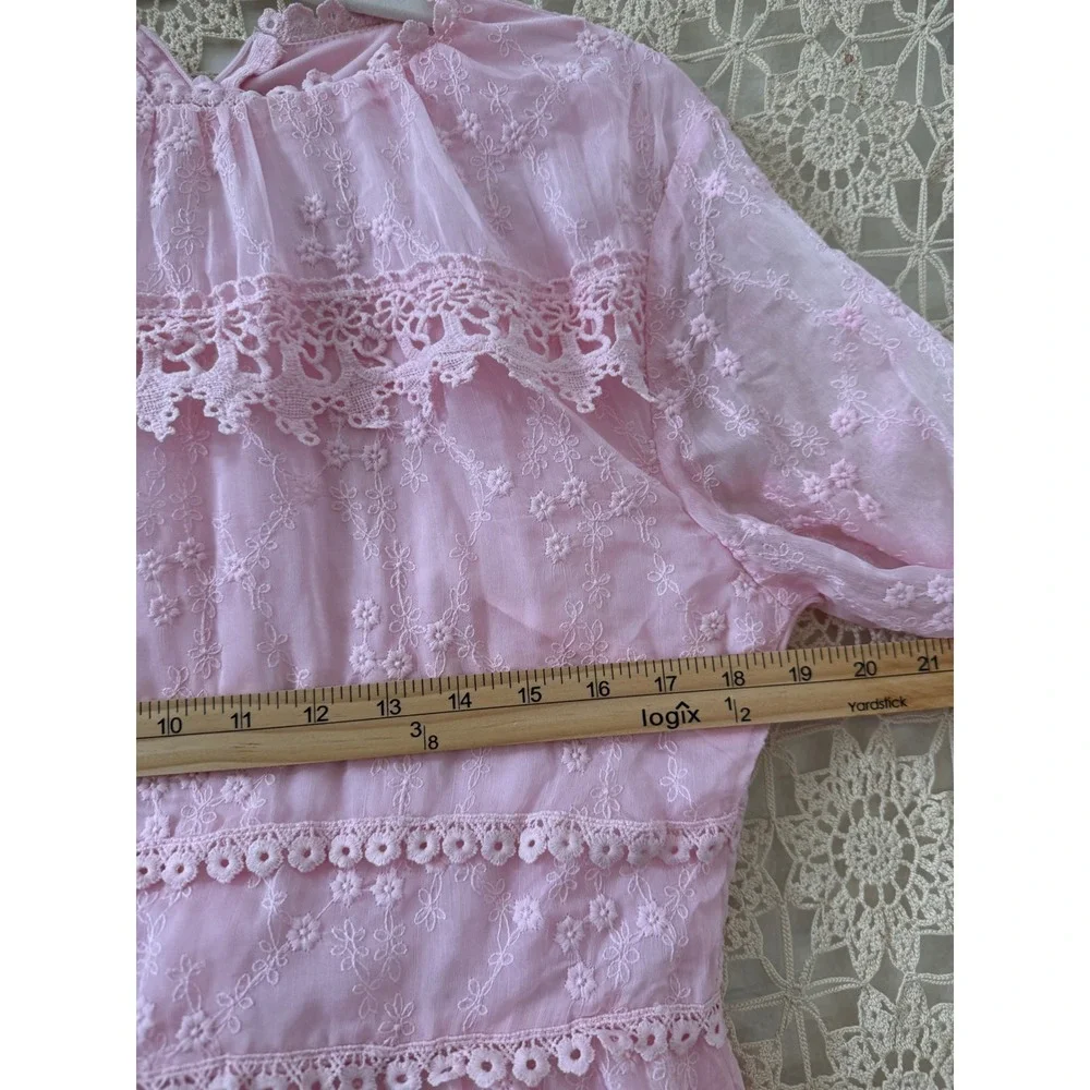 Pink Lace Tiered Coquette Midi ‎ Dress Long Sleeve Feminine Cottagecore Sz L
